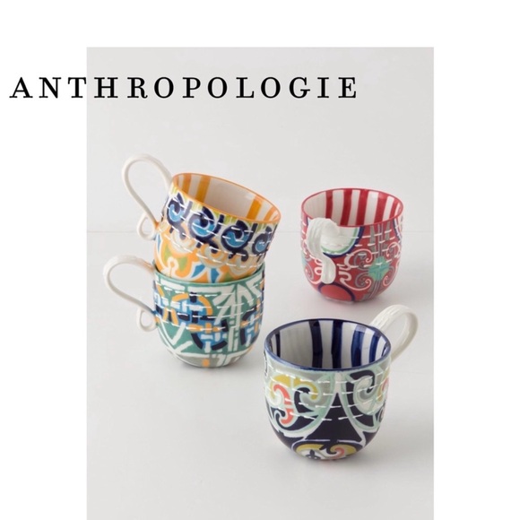 Anthropologie Kantha Stitched Ceramic Mugs Cups Tea Coffee Barista Set of 2 - Picture 3 of 14